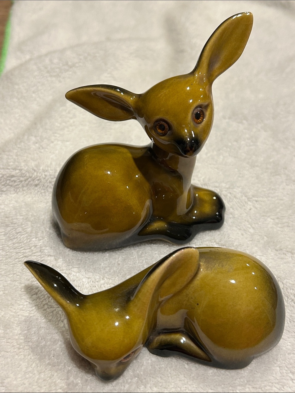 Set of 2- Glazed Ceramic Deer Figurine Set - Olive Brown